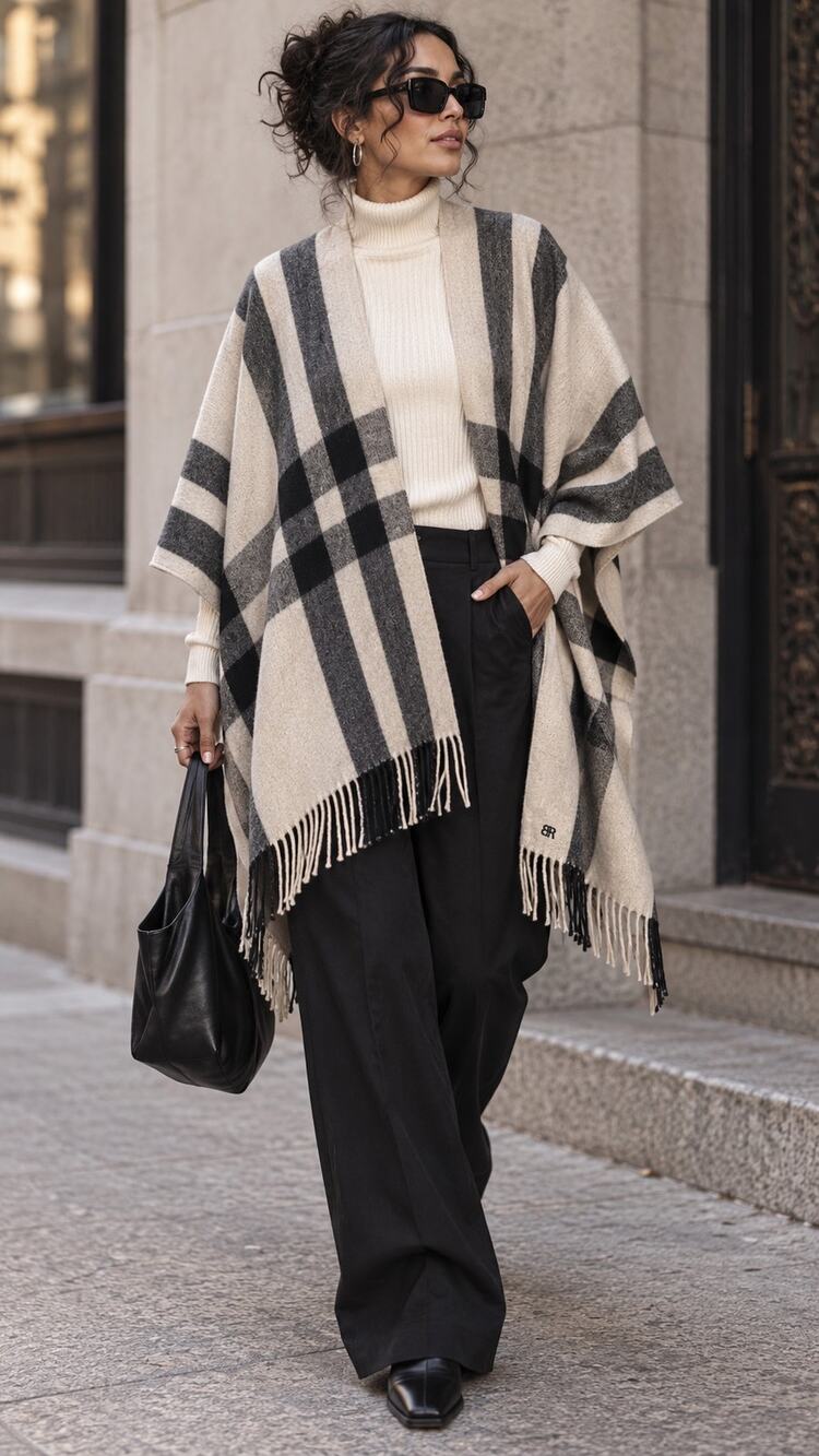 Banana Republic Cashmere Blend Plaid Poncho Quiet Luxury Fringe Wrap One Size